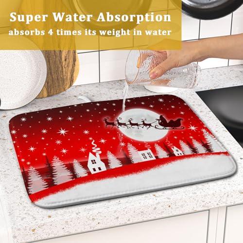 Christmas Reindeer Moon Star Red Dish Drying Mat for Kitchen Counter