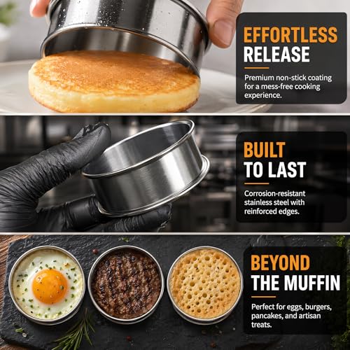 24packs English Muffin Ring 3.15 Inch+ 4 Inch Crumpet Rings Stainless Steel Double Rolled Nonstick Metal Round Tart Ring Molds for Cookie Baking Cooking (24 Count)