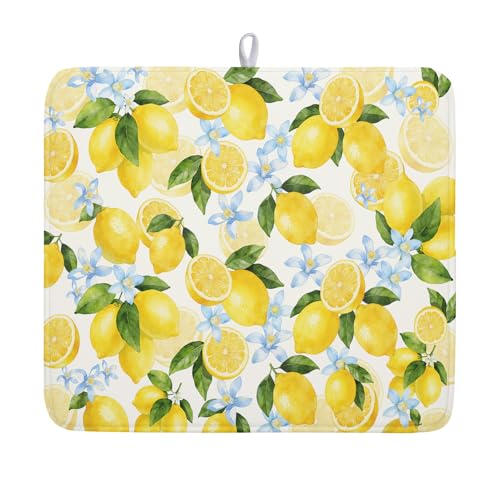 Lemon Dish Drying Mat 16x18 Inch Absorbent Reversible Summer Drying Mat Floral Lemon Fruits Dish Drying Rack Mat Yellow Summer Themed Dish Drainer Mat for Kitchen Counter Coffee Bar