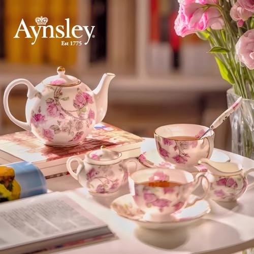 Fine Bone China Elizabeth Rose Teapot and Set of 2 Teacups & Saucers