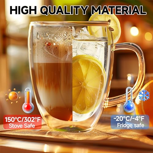 Set of 2 Double Walled Glass Coffee Mugs 16 Ounces Insulated Layer Coffee Cups with Handle Borosilicate Glass Espresso Cup for Hot Beverage (2 Count)