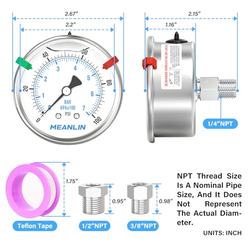 0~100Psi Stainless Steel Liquid Filled Pressure Gauge 2.5" FACE DIAL 1