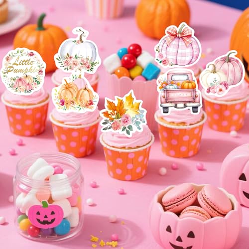 72Pcs Edible Pumpkin Cupcake Toppers Autumn Thanksgiving Theme Party Wafer Paper Flowers Pumpkin Cupcake Toppers Baby Gender Reveal Party Supplies