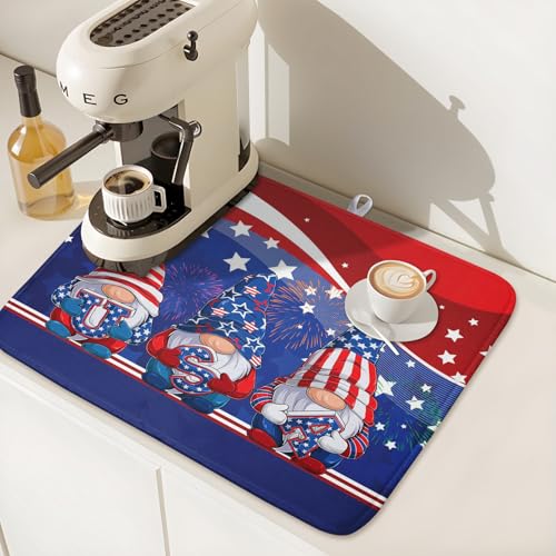 4th of July Dish Drying Mat 16x18 Inch Spring Summer Patrioti Gnome Memorial Kitchen Mats Independece Day Absorbent Dishes Pad for Kitchen Counter Usa Stars Drying Mat Home Decor Countertops
