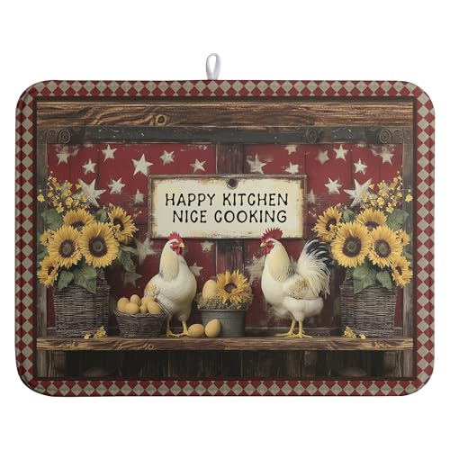 Vintage Rooster Dish Drying Mat Farmhouse Summer Sunflower Kitchen Dish Drying Pad Absorbent Fall Dish Dryer Mat for Kitchen Countertops Microfiber Dishes Drainer Pad Dish Drying Rack Mat