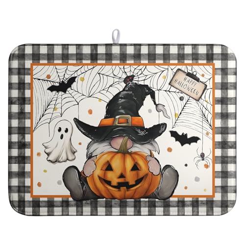 Halloween Gnomes Dish Drying Mat Bats Pumpkins Large Kitchen Mats Dish Drying Pad Buffalo Plaid Absorbent Dish Dryer Mat for Kitchen Countertops Microfiber Drainer Pad Dish Drying Mats
