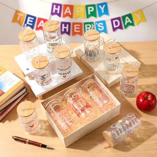 12 Sets Back to School Teacher Gifts Teacher Appreciation Glass Cups with Bamboo Lids and Straws 16oz Can Shaped Glass Tumbler for Women Cute Iced Coffee Glasses End of Year Gift Set (12 Count)