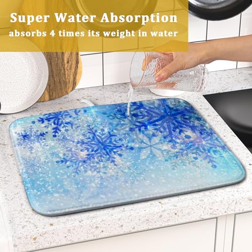 16"x18" Winter Blue Snowflakes Dish Drying Mat Christmas Snow Falling Nature Ice Dish Drainer Mats for Kitchen Microfiber Reversible Dish Drying Rack Pad for Countertop Tabletop Decor