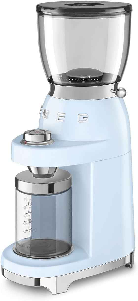 SMEG CGF11 Retro-Style Coffee Grinder – Burr Mill with 30 Grind Settings, Stainless Steel Conical Burrs, Removable Hopper – Precision Countertop Grinder for Espresso, Drip, French Press-Pastel Blue