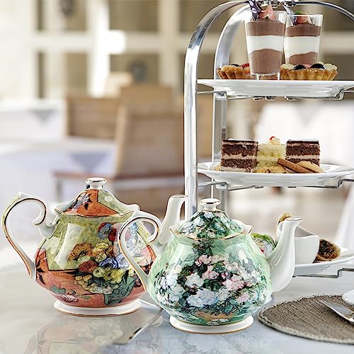 Teapot 30 oz Vangogh Paintings Bone China Loose Tea Pot Floral Design Vintage Ceramic Coffee Water Pot European Style Porcelain (30 Ounce)