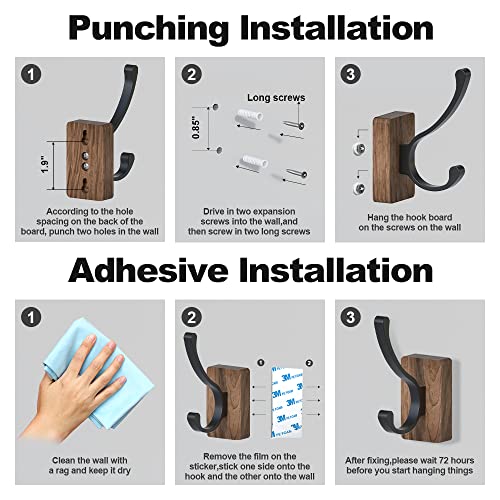 4 PCS Black Walnut Wood Wall Hooks Adhesive Mounted & Wall Mounted Rustic Decorative Entryway Hooks Mid Century Modern Natural Wooden Pegs for Hanging Coat Clothes Hat Bag Purse and Towel (4 Count)