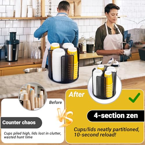 4 Compartment Rotating Paper Cup Holder & Coffee Cup Lid Storage Dispenser