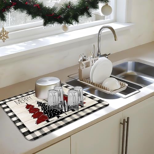 Christmas Tree Dish Drying Mat Buffalo Plaid Merry Christmas Absorbent Kitchen Drying Mat Polyester Dish Drying Pad for Kitchen Counter Farmhouse Coffee Bar Decor