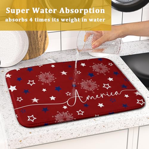4th of July Dish Drying Mat 16"x18" Patriotic Usa Stars America Firework Dish Drainer Mats Independece Day Reversible Microfiber Dish Drying Pad for Kitchen Countertop Small Decor