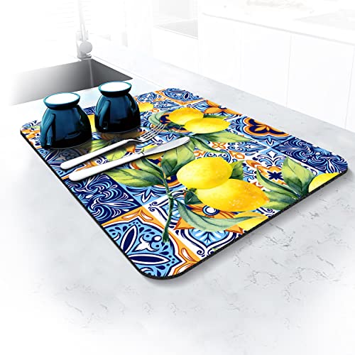Rubber Dish Drying Mat for Kitchen Counter Large Lemon Washable Quick Home Coffee Pad Fit Under Sink