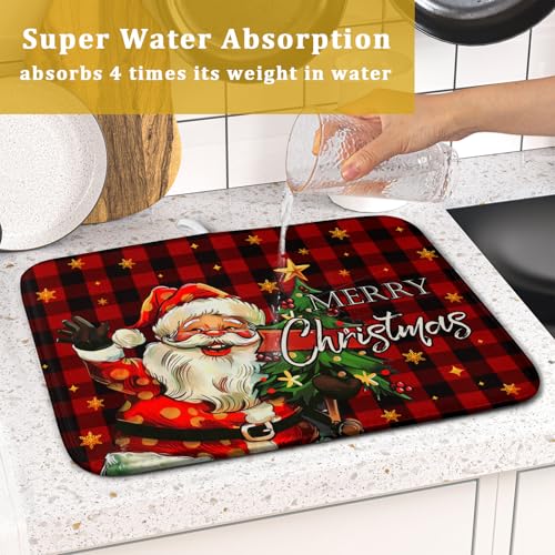 Merry Christmas Santa Claus Red Buffalo Plaid Dish Drying Mat for Kitchen Counter