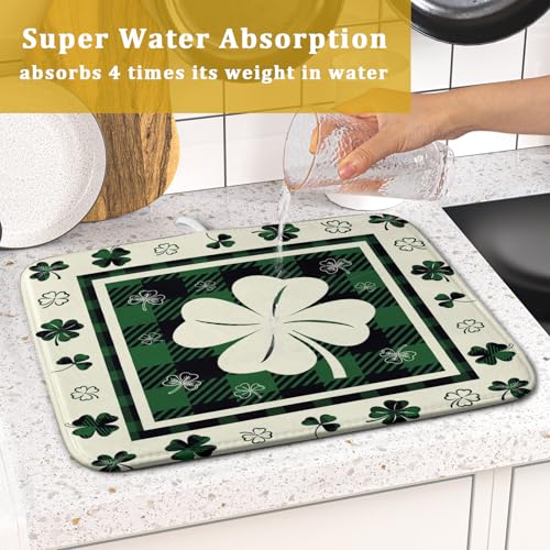 Patrick Clovers Dish Drying Mat 16"x18" Lucky Shamrock Spring Leaf Dish Drainer Mats Green Black Buffalo Plaids Absorbent Microfiber Dish Drying Pad for Kitchen Countertop Small Decor