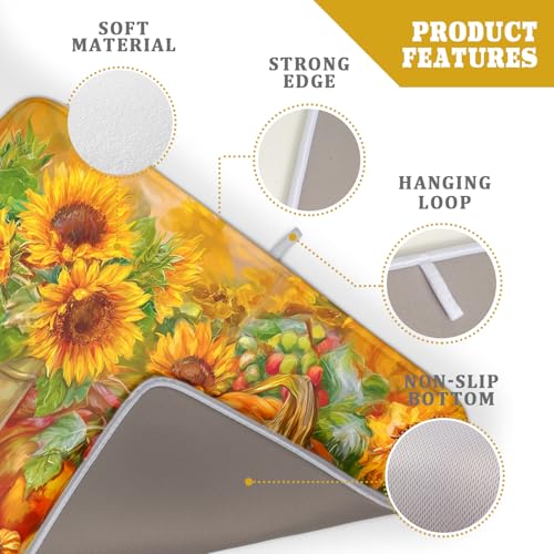 Vintage Fall Autumn Dish Drying Mat 18"x24" Large Rustic Pumpkin Sunflower Bird Dish Drainer Mats Thanksgiving Farmhouse Reversible Dish Drying Pad for Kitchen Countertop Dining Room