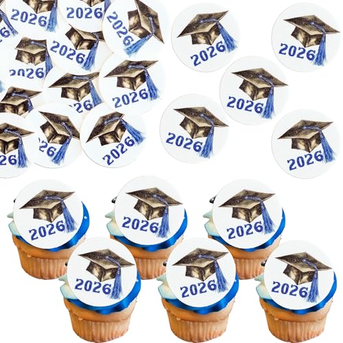 48Pcs Edible 2026 Graduation Cap Cupcake Toppers Wafer Paper Class of 2026 Grad Cap Cupcake Picks for 2026 Graduation Theme Party Cake Decorations Supplies Blue (48 Count)