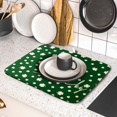 St Patricks Day Dish Drying Mat Green Lucky Clovers Dish Drainer Mats 16"x18" Shamrock Holiday Microfiber Reversible Dish Drying Rack Pad Protector for Kitchen Countertop Small Decor