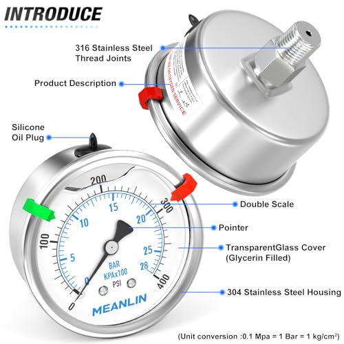 0~400Psi Stainless Steel Liquid Filled Pressure Gauge 2.5" FACE DIAL 1
