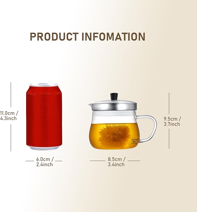 200ml (6.76 oz) Glass Teapot with Stainless Steel Strainer, Small Teapot for Stovetop, Home, Office or Solo Tea Drinking