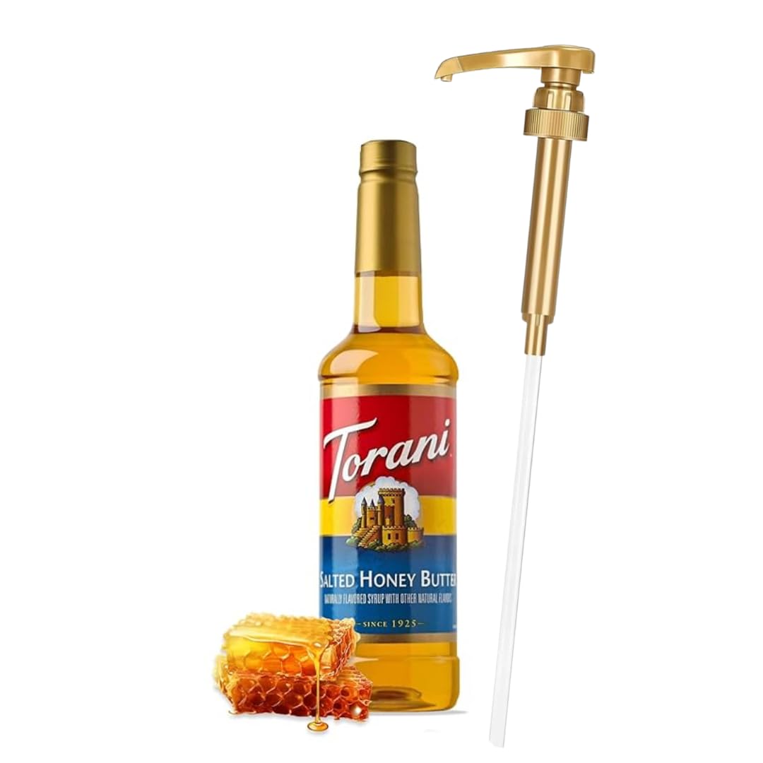Jimoco® Syrup Pump Dispenser + Torani® Salted Honey Butter Syrup, 25.4 oz - Coffee Syrup Pump & Flavoring Bundle
