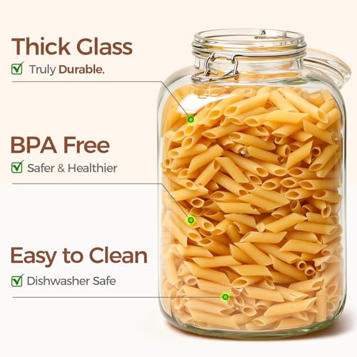 Square Glass Pantry Jars with Airtight Lids 1.1 Gallon 2 Pack Large (2 Count)