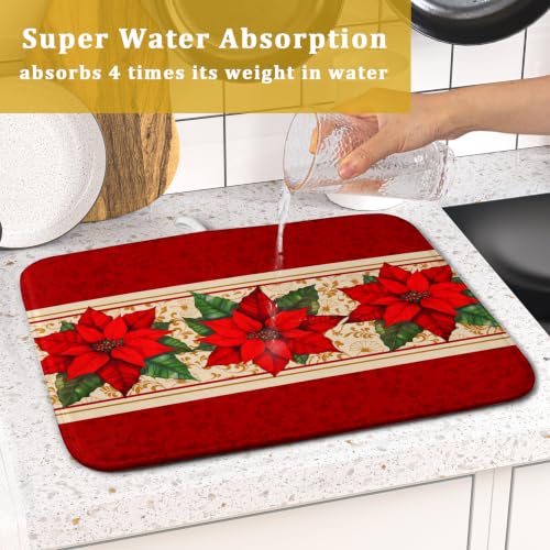 Poinsettia Flowers Dish Drying Mat 16"x18" Christmas Red Decorative Dish Drainer Mats Xmas Winter Floral Print Reversible Microfiber Dish Drying Rack Pad for Kitchen Countertop Sink