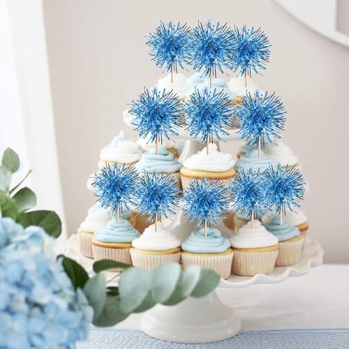 40 PCS Foil Firework Cupcake Toppers Light Blue Sparkler Cupcake Picks Sparkle Tinsel Fireworks Decorations Cocktail Fruit Toothpick for Firework Theme Birthday Wedding Graduation Party Decor Supplies (40 Count)