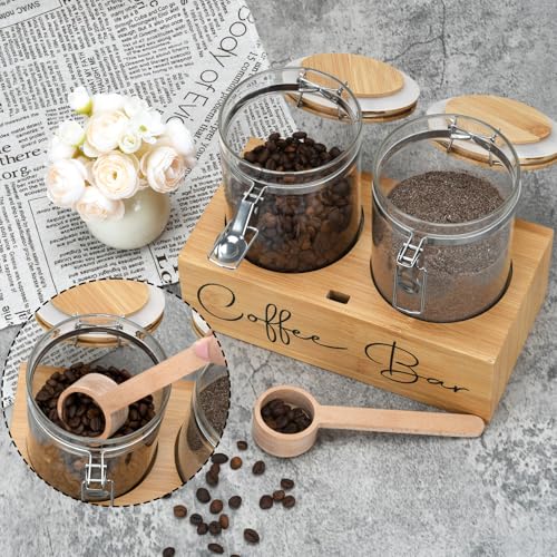 Glass Coffee Canister Set with Bamboo Shelf & Spoon
