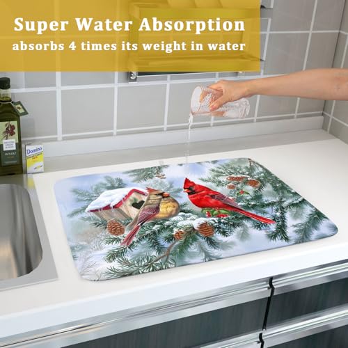Winter Red Cardinal Bird Dish Drying Mat for Kitchen Counter