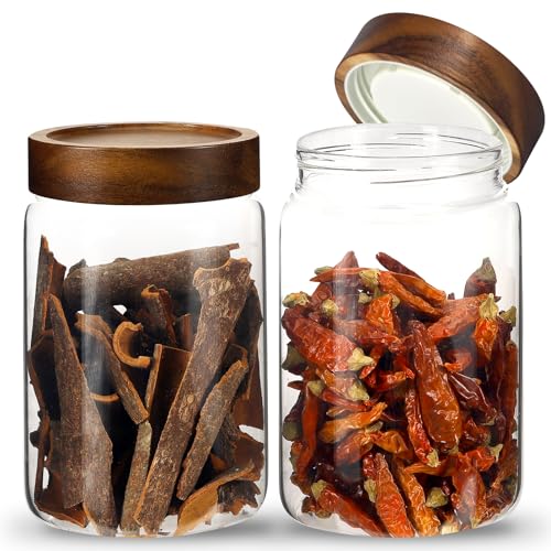 Airtight Glass Jars with Wooden Lid Glass Spice Jar Round Glass Storage Canister for Pantry Sugar Tea Coffee Bean Nuts Cookies Bath Salts