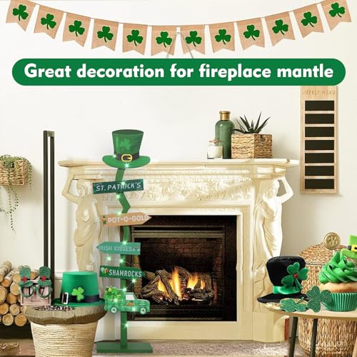 43.8" Lighted Wooden St. Patrick's Day Porch Sign Leprechaun Hat Shamrock Irish Train Standing Signs With Base For Indoor Outdoor Yard Decor
