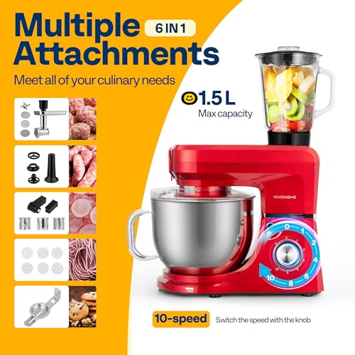 6-in-1 Stand Mixer, 8.5-Quart Tilt-Head Mixer, 10 Speeds, Red