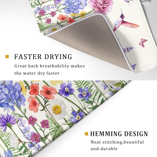 Hummingbird Flower Dish Drying Mat 18x24 inch Watercolor Spring Herb Floral Dish Drainer Mats Wildflower Plant Reversible Microfiber Dish Drying Pad for Kitchen Countertop Large Decor