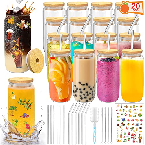 16 OZ Glass Cups with Lids and Straws 20 Pack (20 Count)