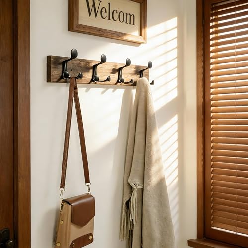 24 Inch Wood Burnt Coat Rack Wall Mount with 4 Triple Hooks
