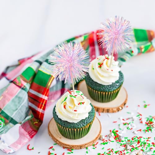 30Pcs Foil Firework Cupcake Toppers Happy Birthday Cake Toppers Tinsel Flower Drink Stirrers Cocktail Food Fruit Toothpicks for Valentine's Day Party Decorations Pink (30 Count)