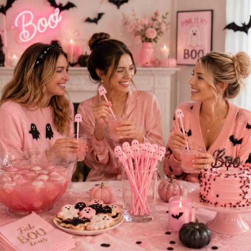 30 Pcs Halloween Swizzle Sticks Pink Ghost Fall Drink Stirrers (30 Count)