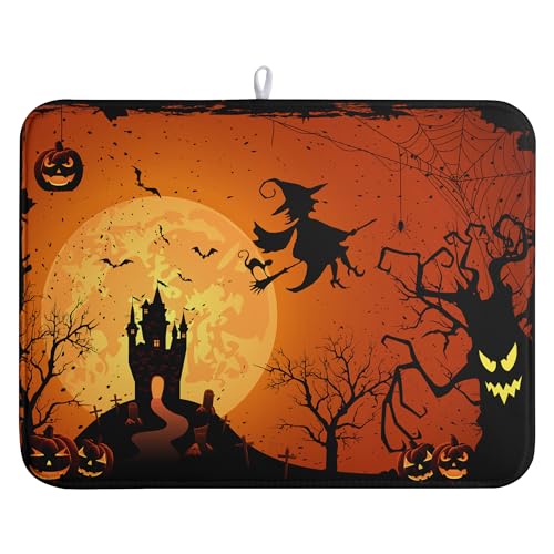 Happy Halloween Dish Drying Mat Fall Pumpkin Witch Dishes Draining Mats Spooky Castle Coffee Bar Bats Trick or Treat Dish Drying Pad Self Fast Absorbent Dryer Mat for Kitchen Countertop