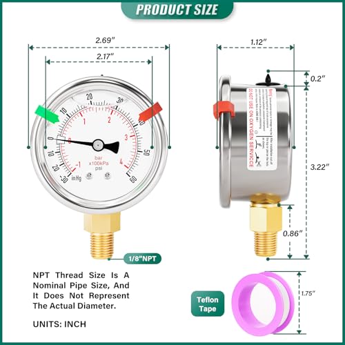 30inHG 60PSI Stainless Steel Liquid Filled Pressure Gauge