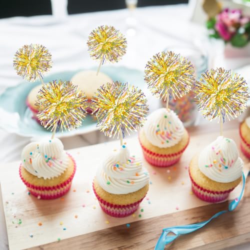 30Pcs Foil Firework Cupcake Toppers Sparkle Tinsel Cake Toppers Tinsel Drink Cake Decoration Cocktail Picks for Halloween Birthday Wedding Graduation Party Supplies Laser Yellow (30 Count)
