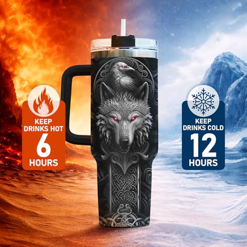 Valhalla Wolf Norse Mythology 40 oz Tumbler with Handle