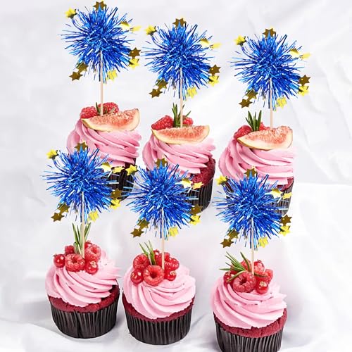 30 PCS Foil Firework Cupcake Toppers Happy Birthday Star Cupcake Picks Sparkle Tinsel Drink Stirrers Cocktail Fruit Toothpicks for Valentine's Day Wedding Birthday Party Decorations Supplies Blue (30 Count)