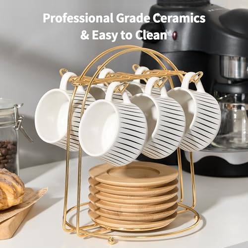 Ceramic Coffee Espresso Cups with Saucers Set with Metal Holder (7.6 Count)