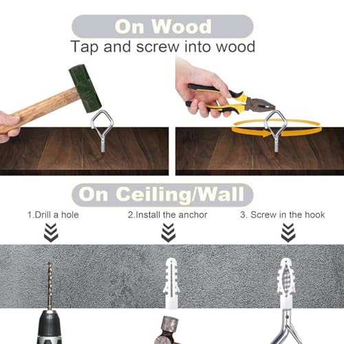 50 PCS Sliver Eye Screw Hooks for Hanging Heavy Duty with Safety Buckle.Metal Ceiling Hooks for Hanging Plants Cup Wind Chime Bird Feeders Patio Lights At Indoor&Outdoor (50 Count)