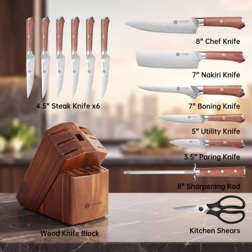 14 PCS Japanese Knife Set with Block and Sharpening Rod (14 Count)
