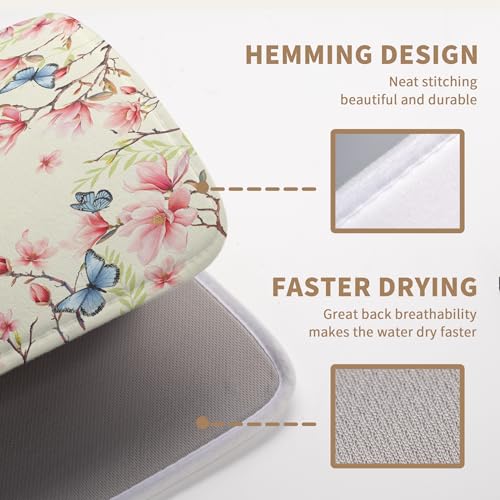 Spring Flowers Floral Dish Drying Mats Spring Summer Hummingbird Dish Mat Drying Matt Butterfly Dishes Dryer Pad for Kitchen Counter Absorbent Microfiber Washable Foldable Reusable 18x24 in