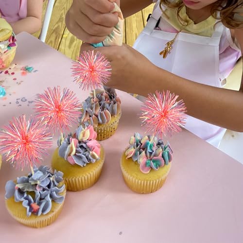 30Pcs Foil Firework Cupcake Toppers Sparkle Tinsel Cupcake Picks Happy Birthday Cake Decorations Drink Stirrers Cocktail Food Fruit Toothpicks for Baby Shower Graduation Party Supplies Orange (30 Count)